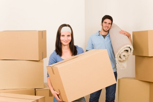 Mover carrying boxes in a London flat with stairs