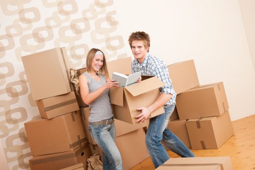 Removal van navigating a busy London office district